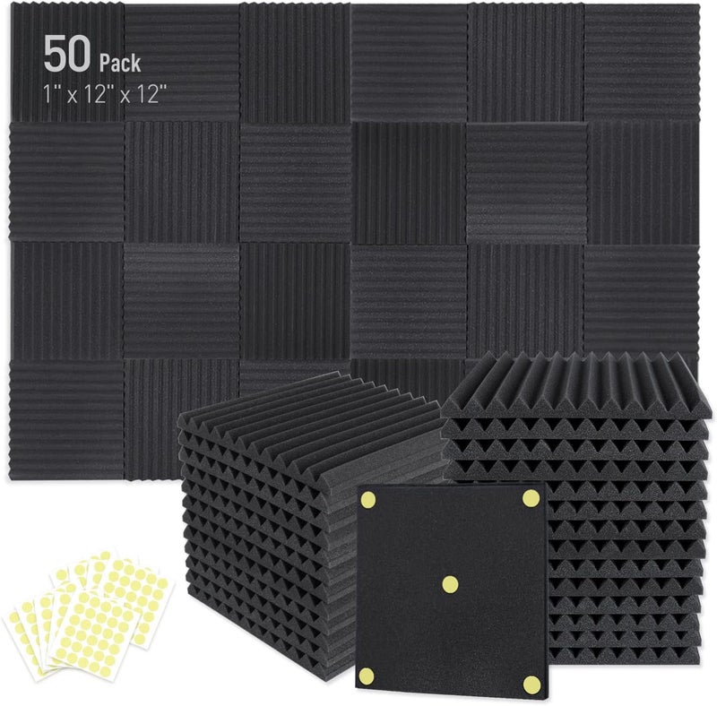 Focusound 50 Pack Acoustic Foam Panels 1" x 12" x 12" Sound Proof Foam Panles Soundproofing Noise Cancelling Wedge Panels for Home Office Recoding Studio with 300PCS Double-Side Adhesive - Image 1